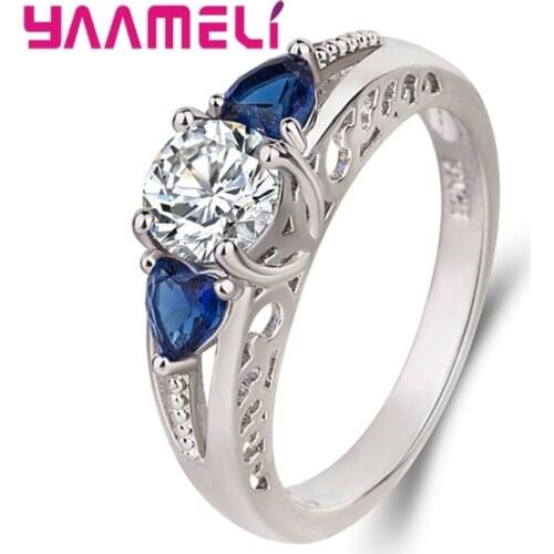 Heart Shape Blue Zircon Crystal Ring 925 Sterling Rings Metal Cutout Clear Rhinestone Fine Jewelry Women Wedding Party Gift