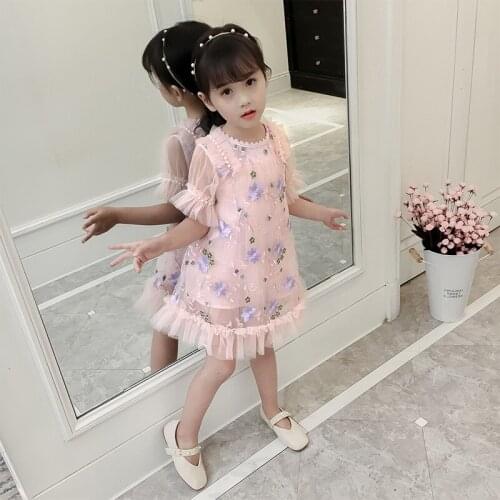 Girls Lace Dresses Children Flower Embroidered Cotton Lining Dresses with Beading Kids Fashion Casual Clothes