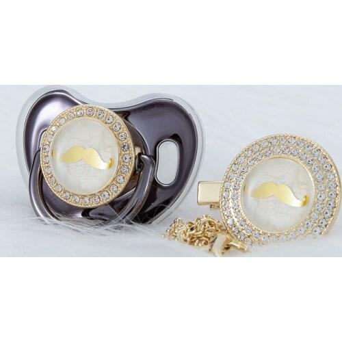 MIYOCAR Metallic black lovely Bearded man bling pacifier and pacifier clip set BPA free dummy bling unique gift baby shower bear