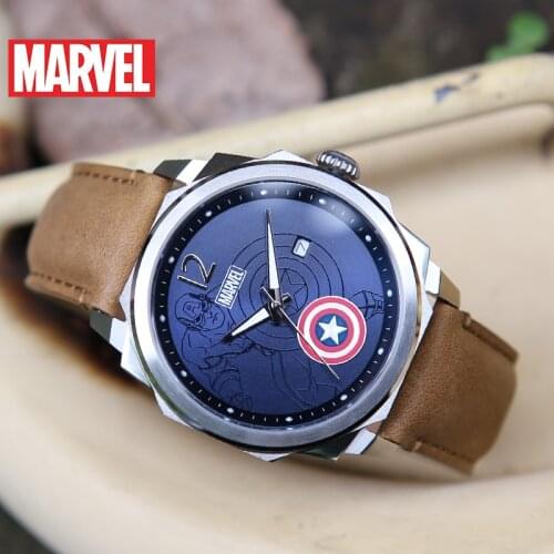 Disney official Genuine Marvel captain america shell men quartz Watches 50m waterproof calendar leather stainless steel m-9038