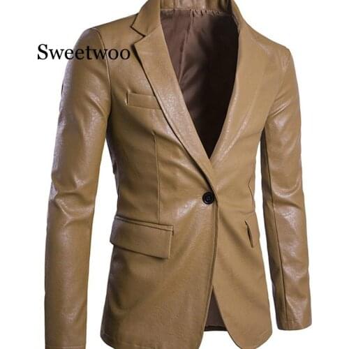 Mens new Blazer High Quality single button Jacket Men Soft PU Leather Jackets top Coat mens suit clothes