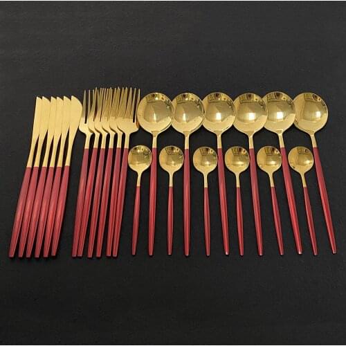 24Pcs Red Gold Flatware Cutlery Set Mirror Colorful Dinnerware Set 18/10 Stainless Steel Kitchen Silverware Gold Tableware Set