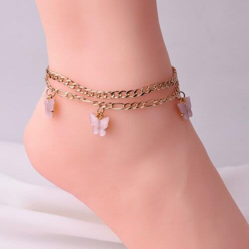 Punk Multilayered Lock Snake Chain Anklet For Women Trend Gold Butterfly 2Pcs/Set Anklets Foot Bracelet Beach Jewelry