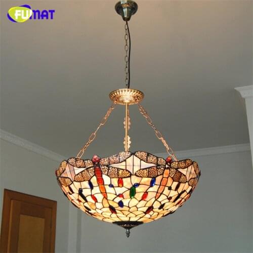 FUMAT European Tiffany Style Natural Shell Pendant Light Classic Retro Dragonfly Decorative Hanging Lamp For Dining Room Living