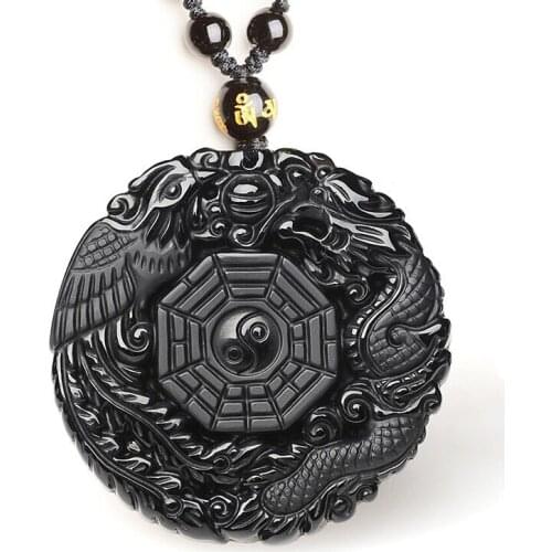 Natural Obsidian Dragon and Phoenix Necklace Pendant Jade Pendant Lucky Pendants With Beads Chain Jade Jewelry