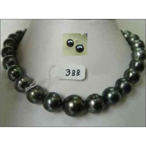 RARE NATURAL 12-14MM SOUTH SEA BLACK PEARL NECKLACE earring 18 INCH shipping free