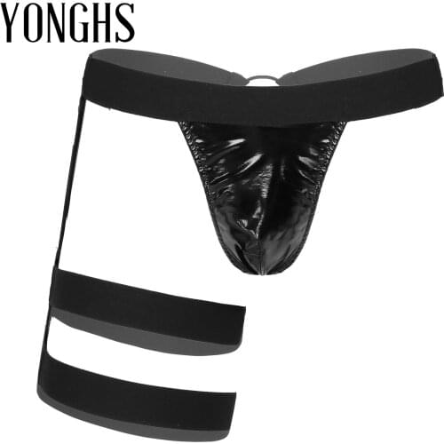 Mens Sexy Lingerie Underwear with Leg Garters Wide Elastic Band Briefs O-Ring Patent Leather Jockstrap G-String Thong Underpants