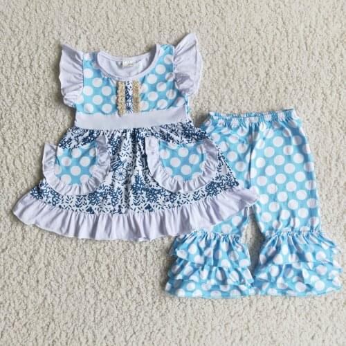 Spring/Fall Baby Girls Flying Sleeve Tunic Capri Outfits Blue White Polka Dots Print Two Pockets Decoration