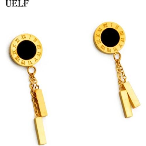 Uelf Fashion Love Roman Numerals Round Shell Tassel Chain Drop Earrings Gold Color Stainless Steel Women Party Gift