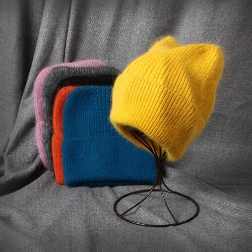 VISROVER 17 Colorway Unisex Solid Cat Shape Rabbit Fur Woman Winter Hat Soft Autumn Bonnet Cute Cat Ear Woman Warm Skullies Gift