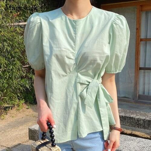 2021 Chic Summer Green Women Shirt Solid Cotton O-neck Puff Sleeve Top Sweet Office Lady Loose Short Sleeve Shirt Blusa 14772