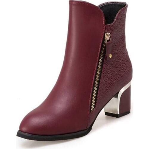 Metal Trimmed Heel Side Zipper Womens Boots 2020 New Winter High Heels Mid-Heel Thick Heel All-Match Plus Black Ankle Boots