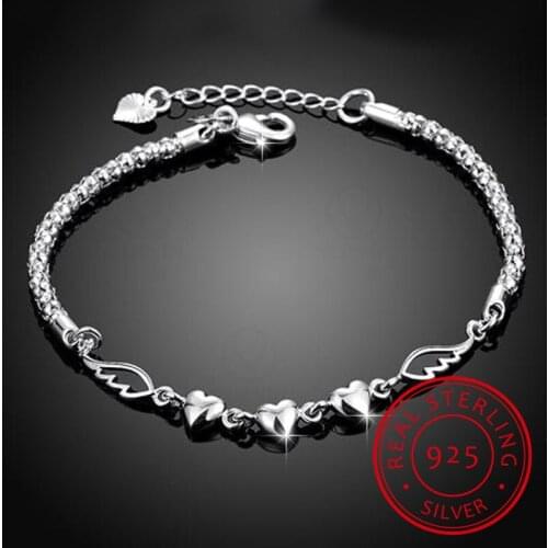925 Sterling Silver Double Angel Wings Heart Charm Bracelets For Women Fashion Crystal Sterling-silver-jewelry Pulseira Feminina