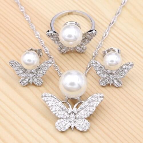 925 Silver Bridal Jewelry Sets White Cubic Zirconia Pearl for Women Butterfly Earrings/Ring/Pendant/Necklace