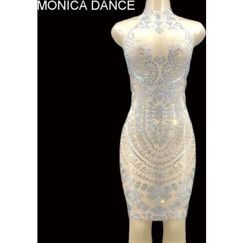 Women Sexy Stage Silver Rhinestone Transparent Short Dress Birthday Wedding Celebrate Party Outfit Evening Women Dancer Dress