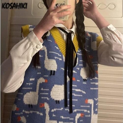 KOSAHIKI Harajuku Cartoon Print Sleeveless Sweater Vest Women Autumn V Neck Preppy Style Knitted Jumper Ladies Vintage Waistcoat