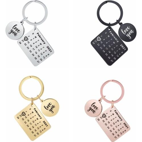 2021 Love Heart Square Calendar Key Chain for Woman Men Anniversary Valentines Day Gift Round Coin KeyChains