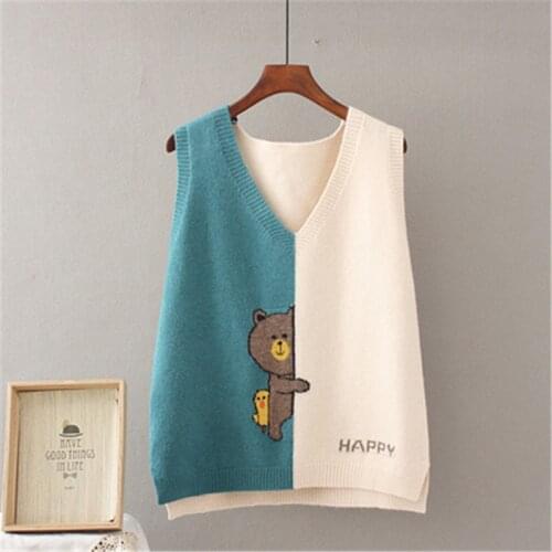 2021 Spring Stitching Pattern Pullover Sweater Womens Vest V-neck Loose Sleeveless Coat Casual Girl Knitting Waistcoats Tops