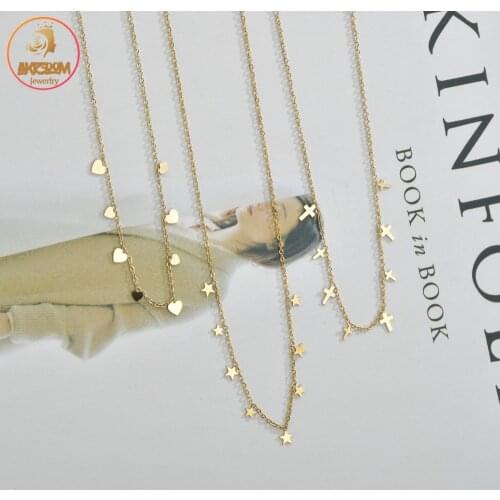 Akizoom Vintage Heart Star Cross Necklace Stainless Steel Charm Choker Pendant Necklace for Women Jewelry Birthday Party Gift