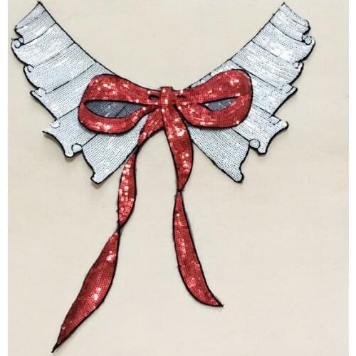 White bowknot sequined lace neckline collar applique vintage embroidered fabric applique decoration patch sewing accessories
