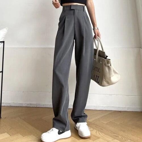 Womens Suit Pants Draping Spring Autumn High Waist Casual Business Dress Pants Loose Straight Mopping Pants Wide Leg Pants Grey