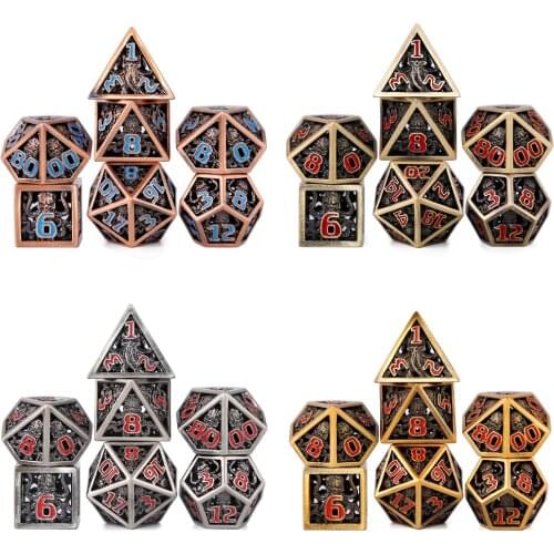 CHENGSHUO 7 PCS Cthulhu Style Hollow Sea Monster Dice RPG Metal Dice Set for Table Top Game DND COC and Role Playing Game MTGD20