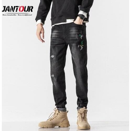 Black Jeans Men Stretchy Ripped Embroidery Print Jeans Destroyed Hole Taped Loose Fit Denim Scratched High Quality Male Pants