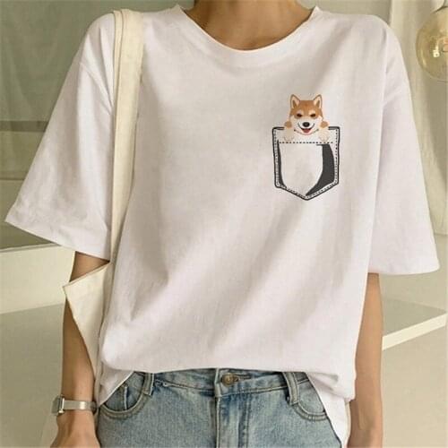 Pocket Shiba Inu T Shirts Women Kawaii Printed Shirt Funny Graphic Korean Clothing Tops Harajuku Ulzzang T-shirt Female