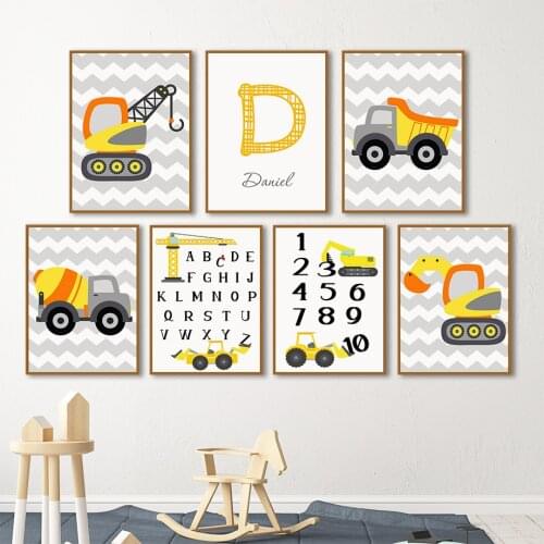 Cartoon Alphabet Hook Excavator Truck Crane Wall Art Canvas Painting Nordic Posters And Prints Wall Pictures For Kids Room Decor