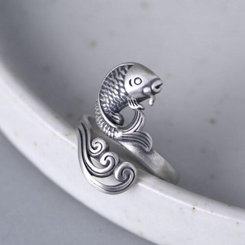 FNJ Lucky Fish Rings 925 Silver Adjustable Size 100% Real S925 Solid Silver Ring for Women Jewelry Fine