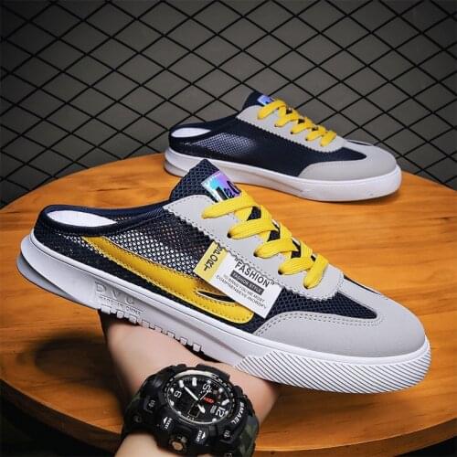 Summer Lightweight Men Half Shoes Slippers Breathable Flying Weaving Half Loafers Man Mules Casual Shoes Mesh Slip-on Sneakers