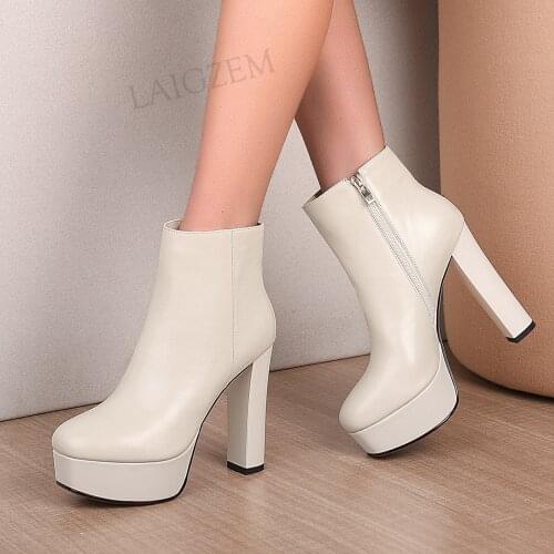 LAIGZEM Women Ankle Boots Real Leather Block High Heels Side Zip Boots Beige Black Donne Stivali Shoes Woman Size 33 37 38 39