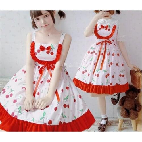 Summer girls sweet Strawberry Slip dress Pink Lolita dess pink ruffled bubble Cherry sling dress B293