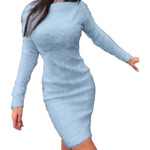 Hot Plus Size Women Dress Autumn Winter Solid Color Long Sleeve Sweater Fluffy Kee-length Bodycon Dress платье
