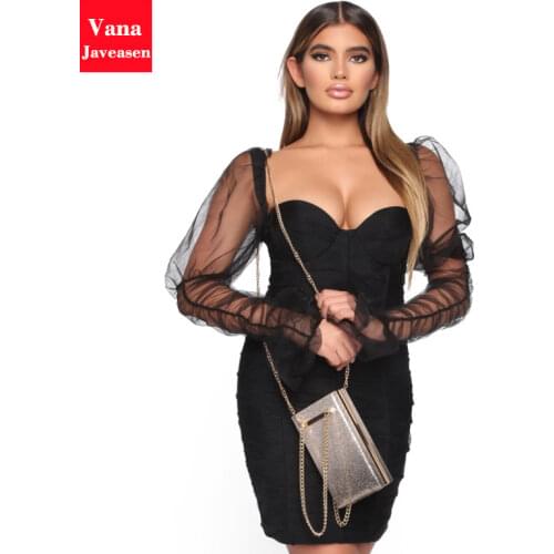 Patchwork Mesh Flared Long-sleeved Sexy Bodycon Dress Party Women high-waisted Square Collar Backless Dress Vestidos Evening