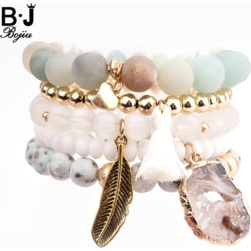 Fashion Trendy Natural Stone Charm Bracelet Sets For Women Amazonite Agates Druzy Crystal Leaf Pendant Bracelets Ladies BCSET20