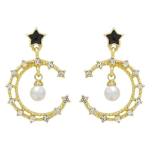 New Earrings Fashion Jewelry Star Crescent Crystal Long Imitation Pearl Temperament Versatile Earrings Wholesale