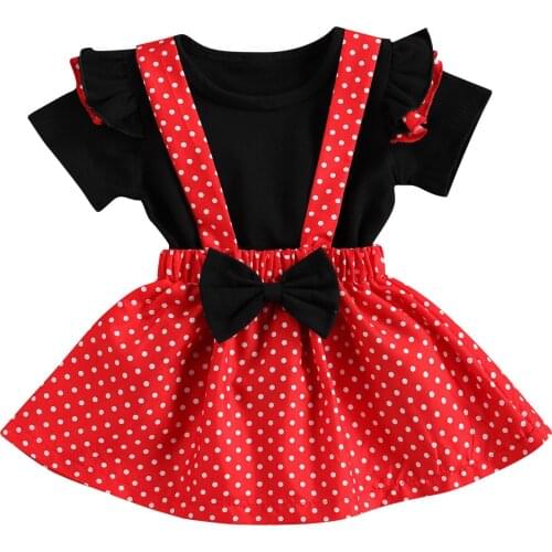 1-3Y Summer Girls Clothes Sets Fashion Kids Girls Short Sleeve T-shirts+Dots Print Bowknot Suspender Skirts 2PCS Holiday Outfits