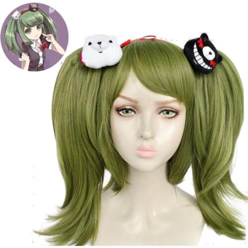 35cm Anime Danganronpa: Trigger Happy Havoc Monaka Wig Cosplay Wigs Playing Mixed Green Hair Hair Halloween 1:1 Wigs
