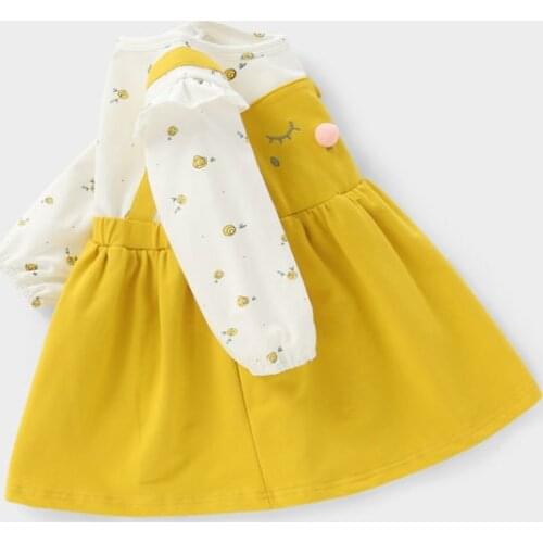 Girls dresses, long-sleeved cartoon bowknot floral dresses, cotton girls, fake two-piece suspender skirts