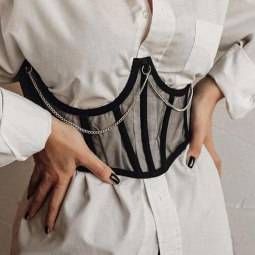 New fashion Belts for Women Lace up Wide Belt Mesh Elegant Women Metal Chain Straps Female Stretchy Wide Belt Ladies Asymmetry