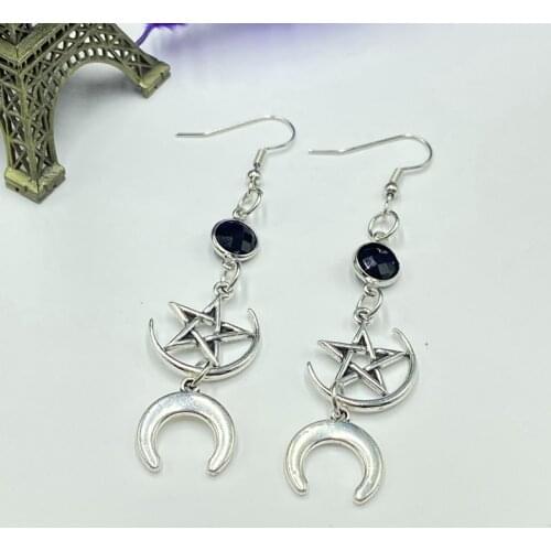 2021 / Crescent Goddess Black Birthstone Earrings and Pentagram Witch Moon Earrings Gothic Celestial Jewelry-Sun Jewelry