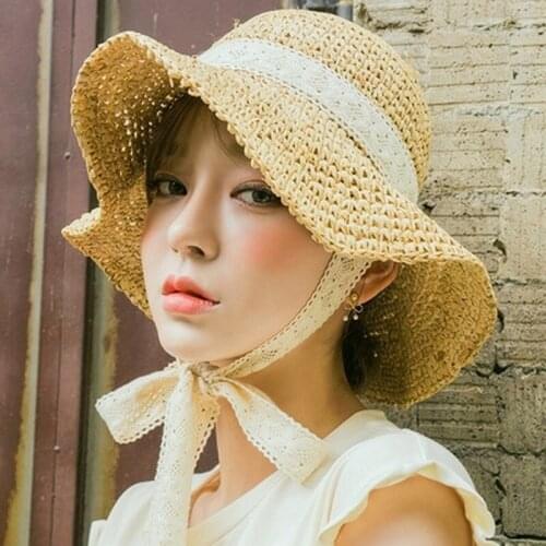 Summer Hats for Women Straw Sun Hat Lady Girls Lace Ribbon Bow Beach Hat Female Travel Folding Hat