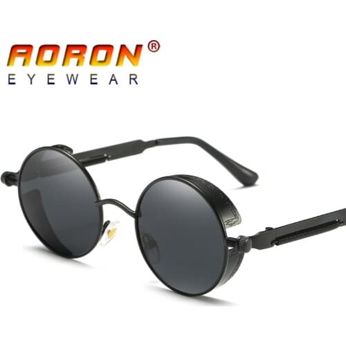 AORON Brand Men Polarized Sunglasses Gothic Steampunk Coating Mirrored Round Circle Sun Glasses Retro UV400 Vintage Eyewear 2018