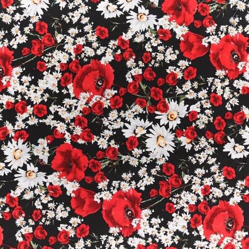BZ63 100*140cm Black Fabric With White Chrysanthemum Rose Printing High-density Cotton Fabric Handmade DIY Fabric Women Dress