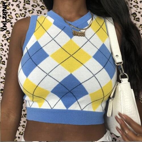 YHLZBNH Autumn Argyle Y2K Tank Sweater Women 90s Preppy Style Casual Sleeve Knitted Crop Top Fashion Jumper Vintage Mini Vest