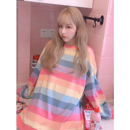 Punk Autumn Causal Cute T Shirt Women Striped T-shirt Rainbow Shirt Female Harajuku Loose Top Shirts Plus Size Tshirts Females
