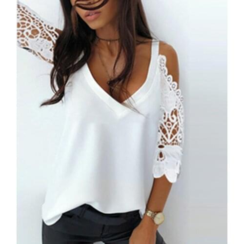 2021 Spring 3/4 Sleeve Lace Women T Shirt Summer Embroidered V-neck Strappy Tops Pullover Elegant Solid Office Lady Tee Shirts