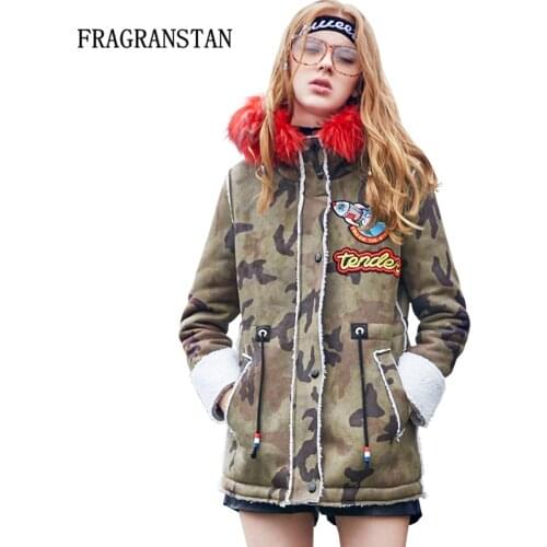 Autumn Winter Fashion Women Real Raccoon Collar Camouflage Jacket Embroidery Patch Designs Outwear Lady Casual Hooded Coats Y187