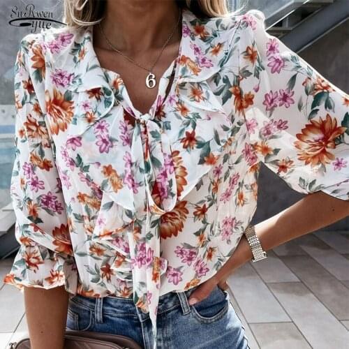 2021 Sexy Bow Office Lady Casual Vintage Print blouse Summer Petal-Sleeved Floral V-Neck Shirts Women Tops Blusas Mujer 14884